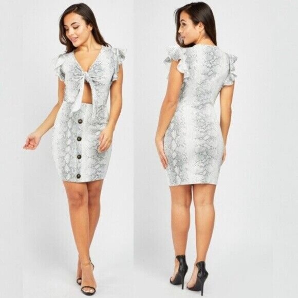 Snakeskin Print Tie Up Women's Medium Ruffled Sleeve Sexy Bodycon Party Dress - Picture 2 of 7